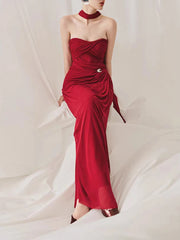 Red draped strapless maxi dress with choker detail