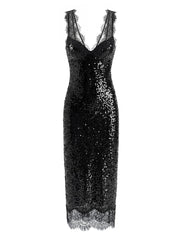V-neck sleeveless lace trim sequin maxi dress front view