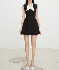 Contrast Turn-down Collar Sleeveless A-line Office Lady Dress