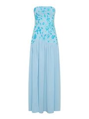 Light blue strapless dress with floral lace details on a white background