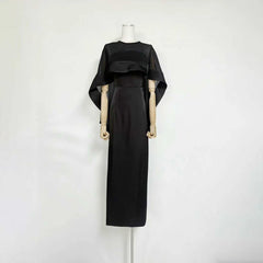 Cape Overlay Satin Strapless Maxi Dress