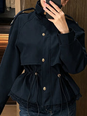 Utility Stand Collar Button Drawstring Peplum Jacket