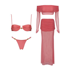 Ruched mesh off-shoulder top and skirt swimwear set flat lay