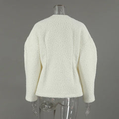 White Textured V-Neck Cropped Blazer