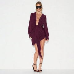 Draped Plunge Neck Long-Sleeve Mini Dress