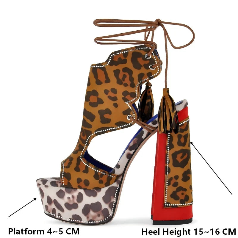Detailed view of leopard print lace-up platform sandals with size indicators.