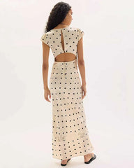 Satin Polka Dot Cap Sleeve Maxi Dress