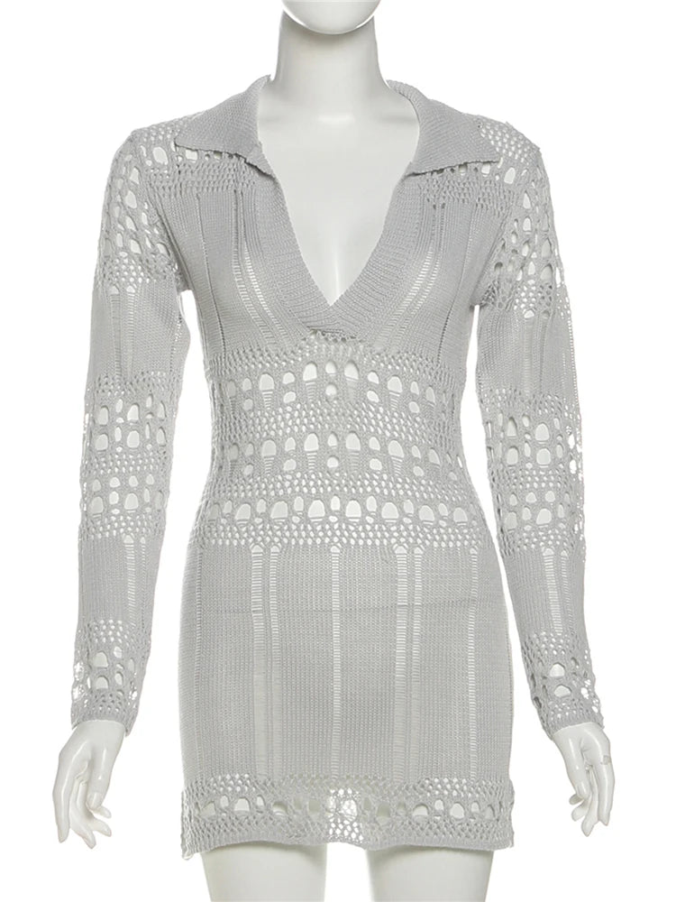 Gray crochet dress on a mannequin