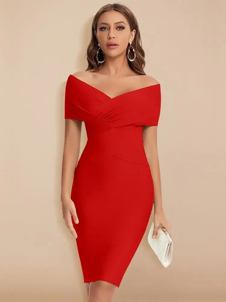 Woman wearing a red off-shoulder dress against a beige background