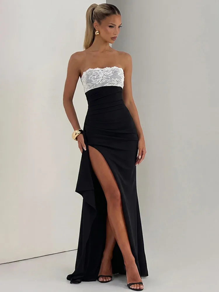 Strapless lace patchwork high split maxi dress
