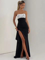 Strapless lace patchwork high split maxi dress