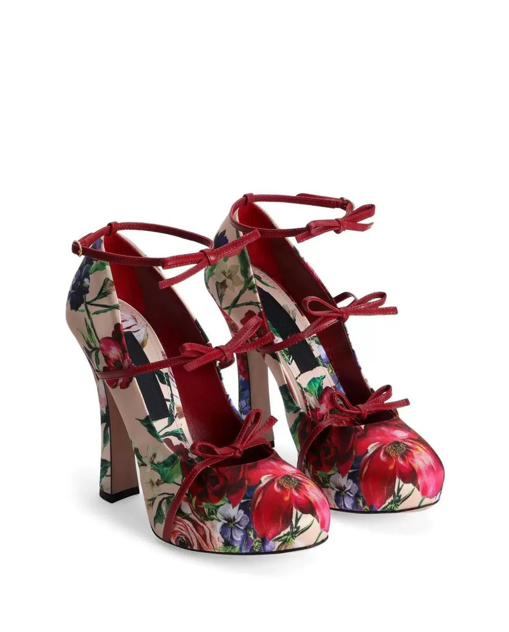 Two floral print chunky heel pumps with red bow details