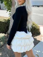 Black V-Neck Long Sleeve Puff-Hem Mini Dress