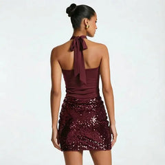 Cross Neck Ruched Sequin Mini Dress