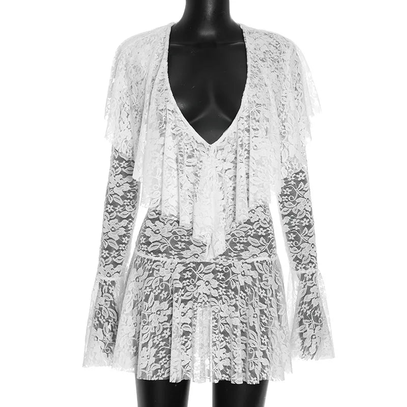 White lace dress on a mannequin against a white background