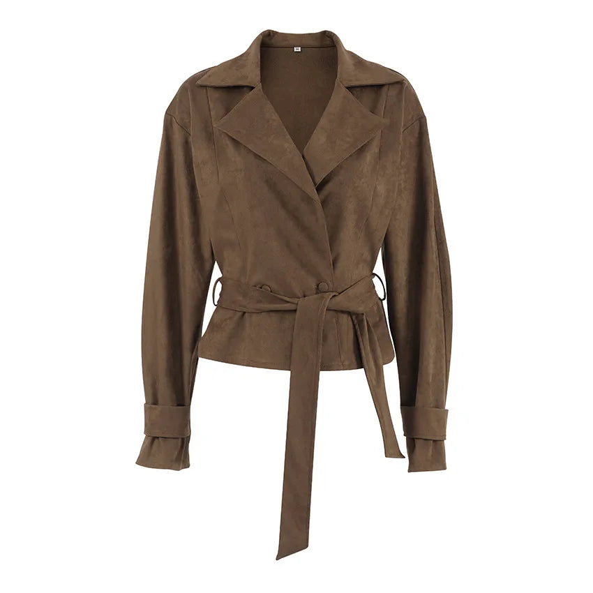 Brown suede jacket with a belt on a white background