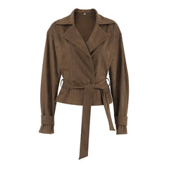 Brown suede jacket with a belt on a white background