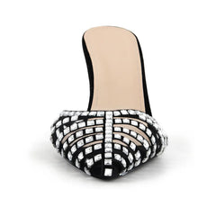 Front view of black rhinestone embellished pointed toe mules