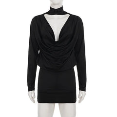 Black long-sleeve dress with draped front on a mannequin against a white background