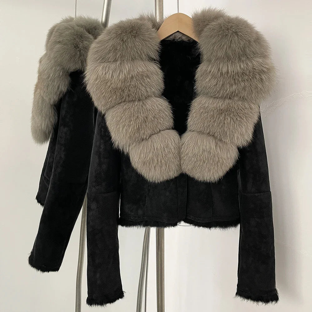 Black leather jacket with gray fur collar on a white background