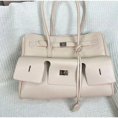 Structured PU Leather Tote Bag with Buckle Pockets – Modern Luxe Edit