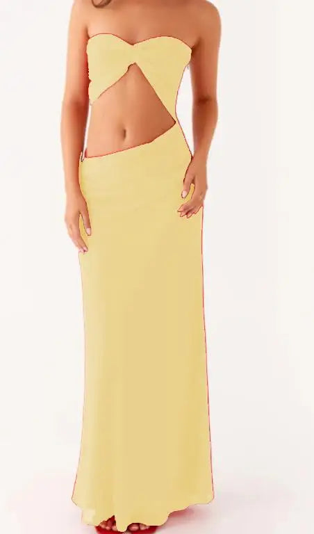Yellow strapless gown on a white background