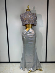 Silver holographic embellished mock neck sleeveless top and draped faux leather maxi skirt set