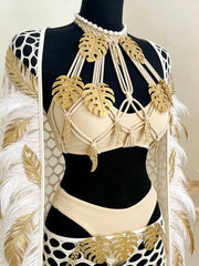 Embellished Mesh Pearls Overall And Skirt and Bikini Top Set