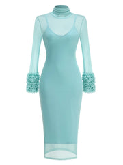 Turtleneck Ruffle-Cuff Mesh Patchwork Midi Dress