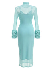 Turtleneck Ruffle-Cuff Mesh Patchwork Midi Dress