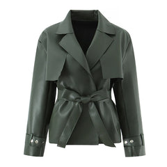 Belted lapel collar faux leather jacket in dark green