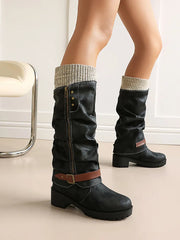Knit Cuff Faux Leather Buckle Riding Boots