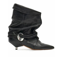 Black leather wrinkled ankle boot with silver hardware accent