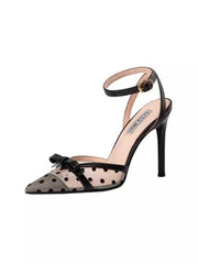 High-heeled shoe with polka dot design on a white background