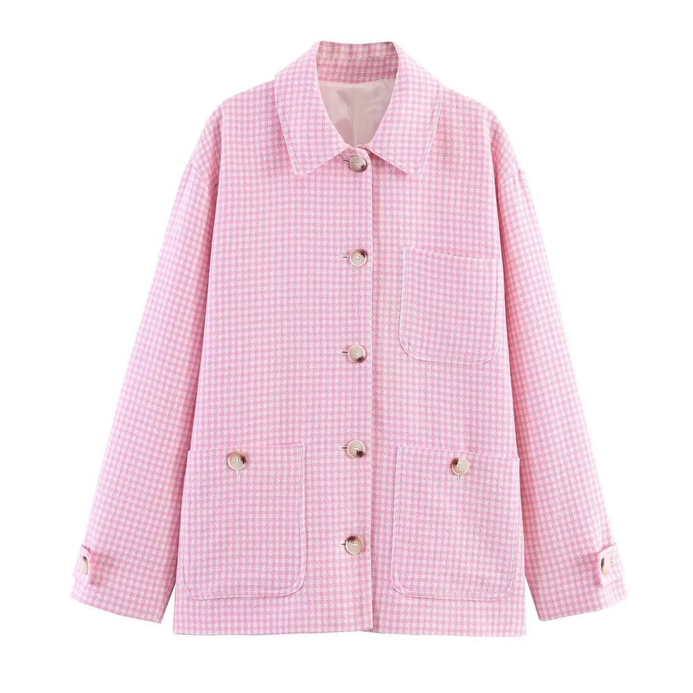 Pink checkered jacket with button details on a white background