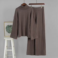 Cabel Knit Turtleneck Long Sleeve Top And High Waist Trousers Set