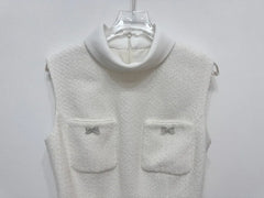 White Bow Pocket Tweed Chiffon Long Dress