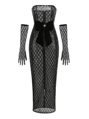 Strapless Sequin Mesh Long Dress With Gloves