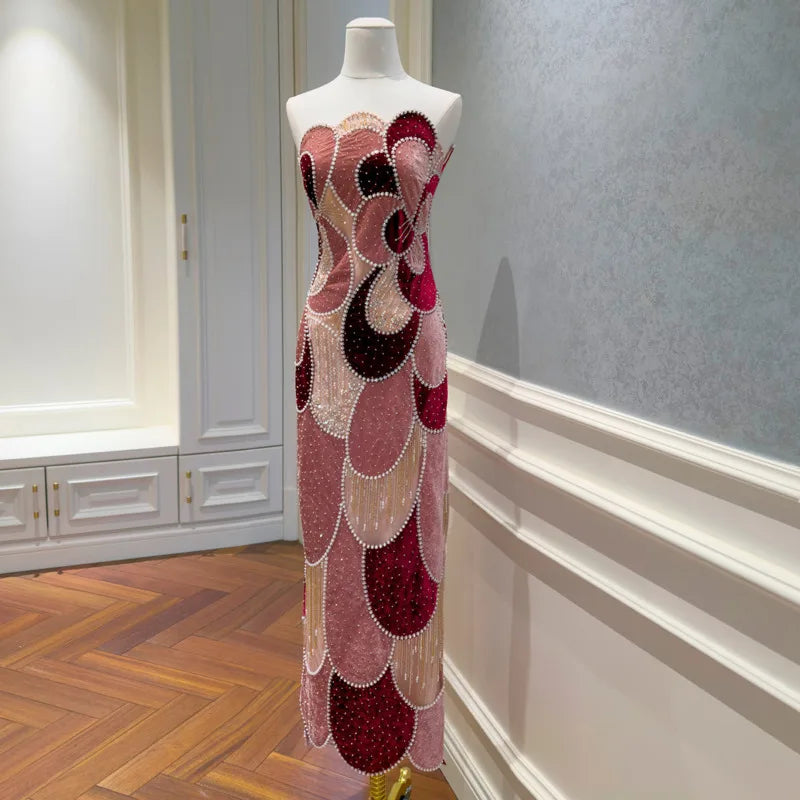 Velvet color-blocked beaded column dress on mannequin