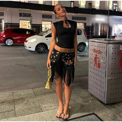 Embroidered Floral Fringe Mini Skirt