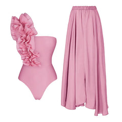 Ruffled Floral Print One-Piece Swimsuit and Maxi Skirt Set