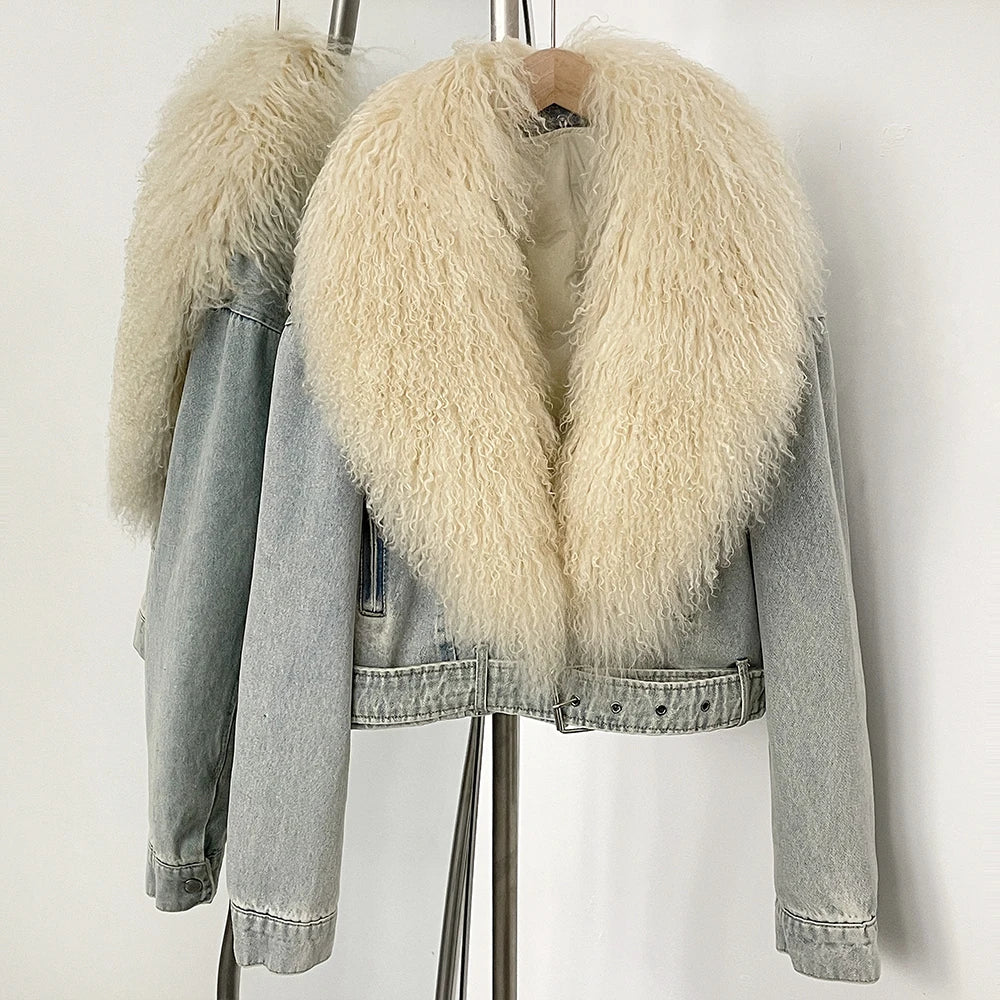 Denim jacket with a fluffy beige fur collar on a mannequin against a white background
