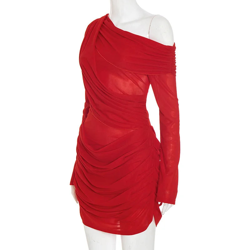 Red off-shoulder dress on a mannequin against a white background