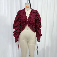 Red Ruched Drawstring Puff Sleeve Blouse