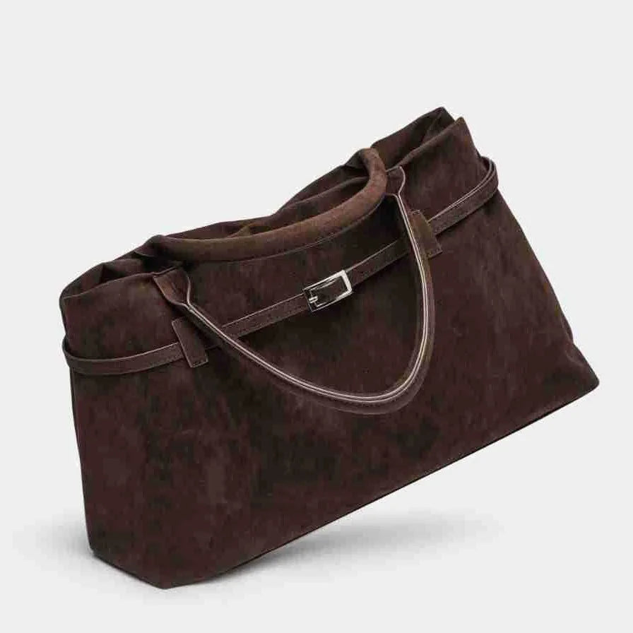 chocolate brown suede handbag with belt accent