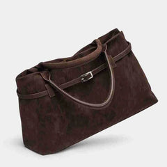 chocolate brown suede handbag with belt accent
