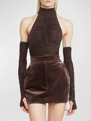 Brown velvet dress with embellishments and matching gloves
