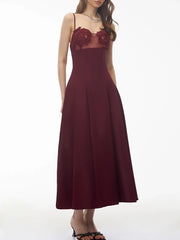 Side view of midi dress with applique mesh bodice