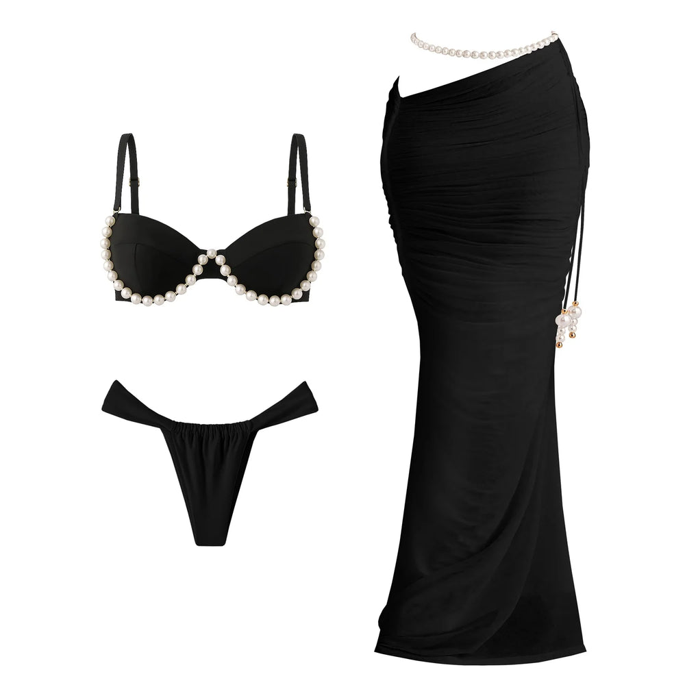 Black bikini and ruched skirt with pearl embellishments