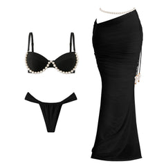 Black bikini and ruched skirt with pearl embellishments